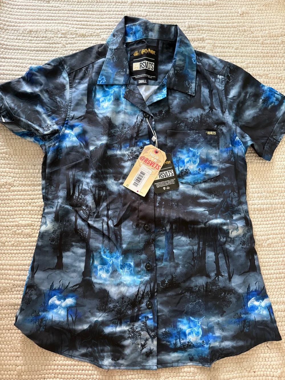 RSVLTS Men’s Blue Black Short-Sleeve Button-Down with Ghostly Forest Print